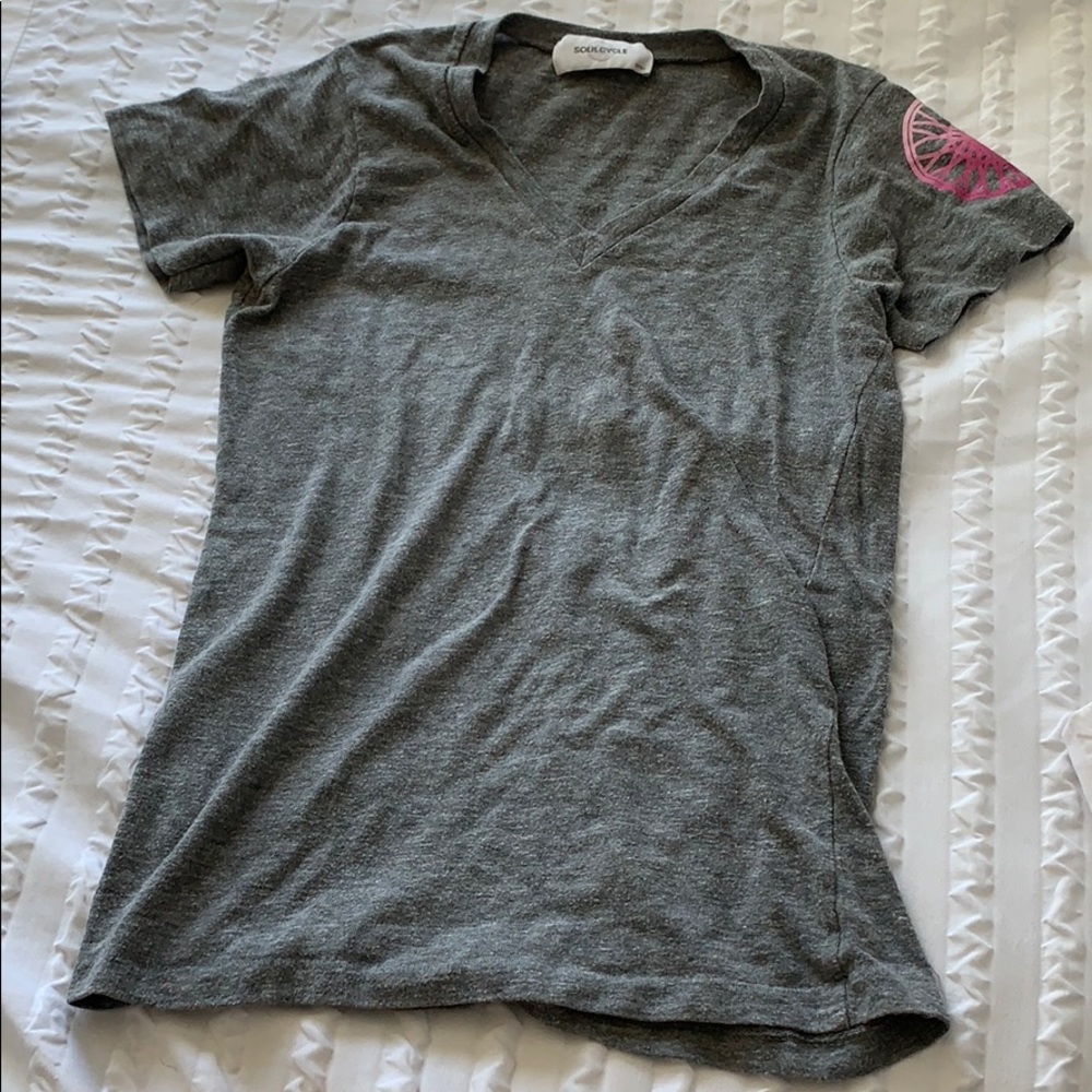 Grey SoulCycle VNeck Tee w/ Pink Wheel